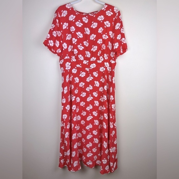 Boden | Fit & Flare Orange White Polka Dot/Floral Short Sleeve Midi Dress | 14L - Picture 1 of 8